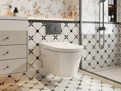 Modern Wall Hung Toilet in Bathroom with Black White Mosaic Tiles Floral Wallpaper and Vanity 3d model