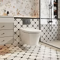 Modern Wall Hung Toilet in Bathroom with Black White Mosaic Tiles Floral Wallpaper and Vanity