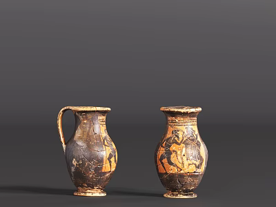 Two Vintage Ceramic Vessels With Hand Painted Figural Designs On Gray Background 3d model