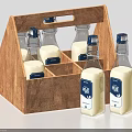 Bottled Milk Beverage in Divided Wooden Carrier with Labeled Clear Glass Bottles