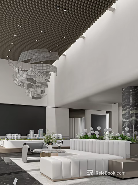 Modern Sales Office Interior With Architectural Models Hanging Lamp Comfortable Seating And Plants 3d model 