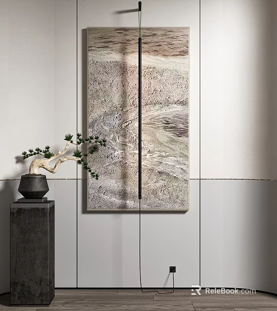 Abstract Art Piece In Room With Bonsai Plant And Pedestal 3d model 