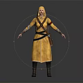 Standing Character In Yellow Hooded Robe With Brown Belt And Leather Backpack