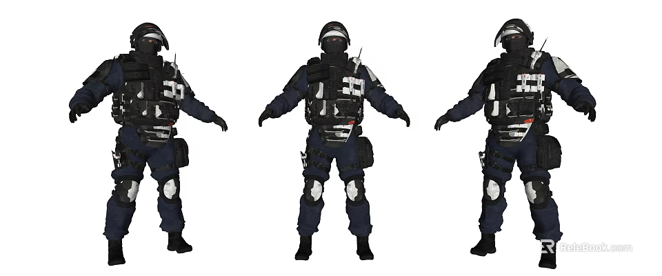 Three Tactical Men in Protective Uniforms with Helmets Bulletproof Vests and Knee Pads 3d model 