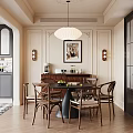 Elegant Classic Dining Room Interior With Wooden Table Chairs Pendant Light And Wall Decor