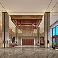 Luxurious Hotel Lobby Interior With Chinese Style Landscape Wall And Red Decorative Ceiling