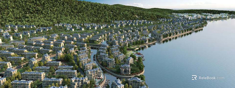 Scenic Lakefront Detached Villa Community With Mountain Backdrop And Lush Greenery 3d model 