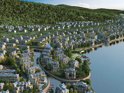 Scenic Lakefront Detached Villa Community With Mountain Backdrop And Lush Greenery 3d model