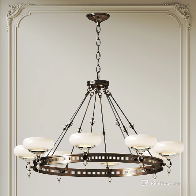 Elegant Chandelier With Circular Metal Frame And White Glass Shades Hanging From Chain 3d model 