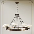 Elegant Chandelier With Circular Metal Frame And White Glass Shades Hanging From Chain