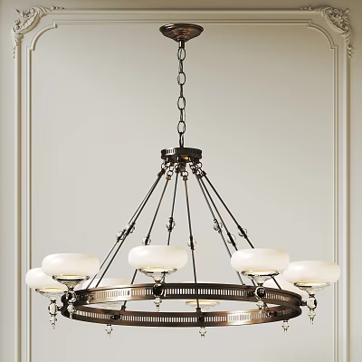 Elegant Chandelier With Circular Metal Frame And White Glass Shades Hanging From Chain 3d model