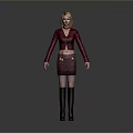 3D Female Model With Blonde Hair Maroon Cardigan Patterned Skirt And Black Boots