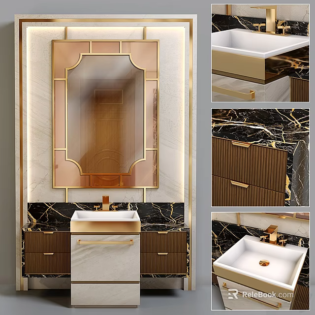 Elegant Modern Washbasin Interior With Gold Accents Marble Countertop And Mirror Cabinet 3d model 