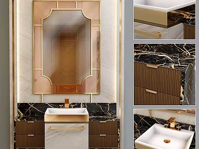 Elegant Modern Washbasin Interior With Gold Accents Marble Countertop And Mirror Cabinet 3d model