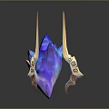 Mythical Character's Creature Inspired Glowing Blue Crystal Armament With Golden Spiked Wings And Symbols