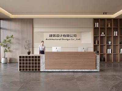 Modern Architectural Design Company Reception Desk with Wooden Marble Counter Green Plant and Bookshelf 3d model