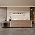 Modern Architectural Design Company Reception Desk with Wooden Marble Counter Green Plant and Bookshelf