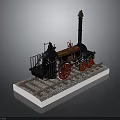Model Steam Train with Black Body Red Wheels Tall Chimney on Rail Tracks Gravel Base
