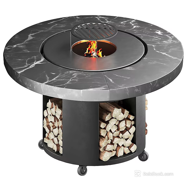 Round Marble Top Fire Pit With Burning Fire Wood Storage And Wheels 3d model 