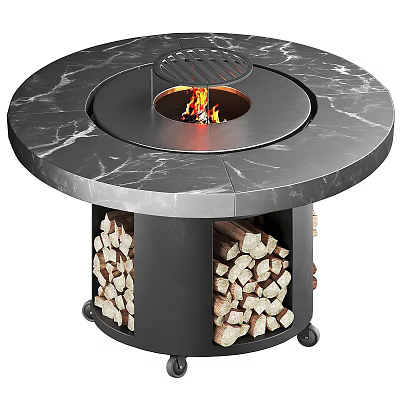 Round Marble Top Fire Pit With Burning Fire Wood Storage And Wheels 3d model