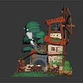 Colorful Cartoon Scene With Windmill House Tree Horses Hay Green Grass And Red Roof
