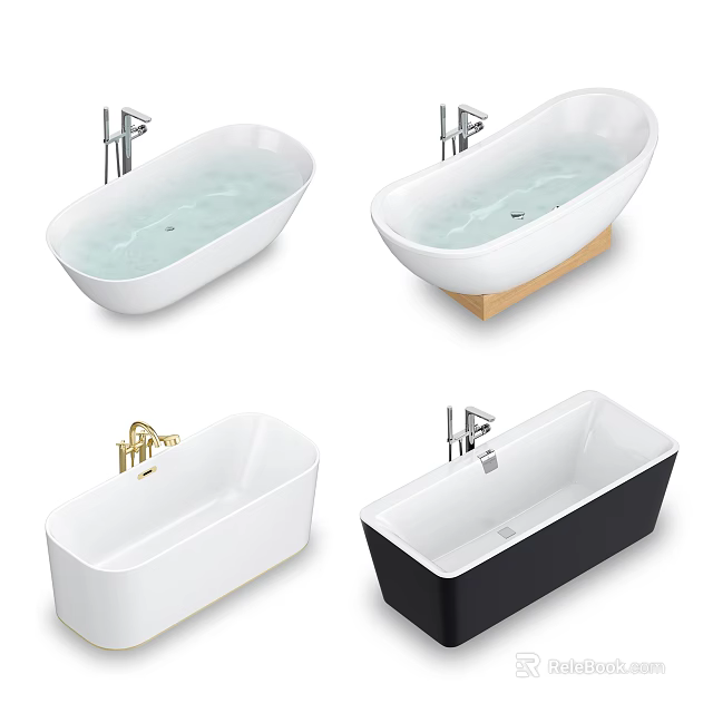 Contemporary Bathtub Designs With Oval Square Shapes White Black Colors Wooden Base And Faucet Details 3d model 
