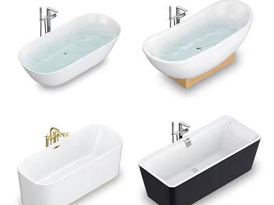 Contemporary Bathtub Designs With Oval Square Shapes White Black Colors Wooden Base And Faucet Details 3d model