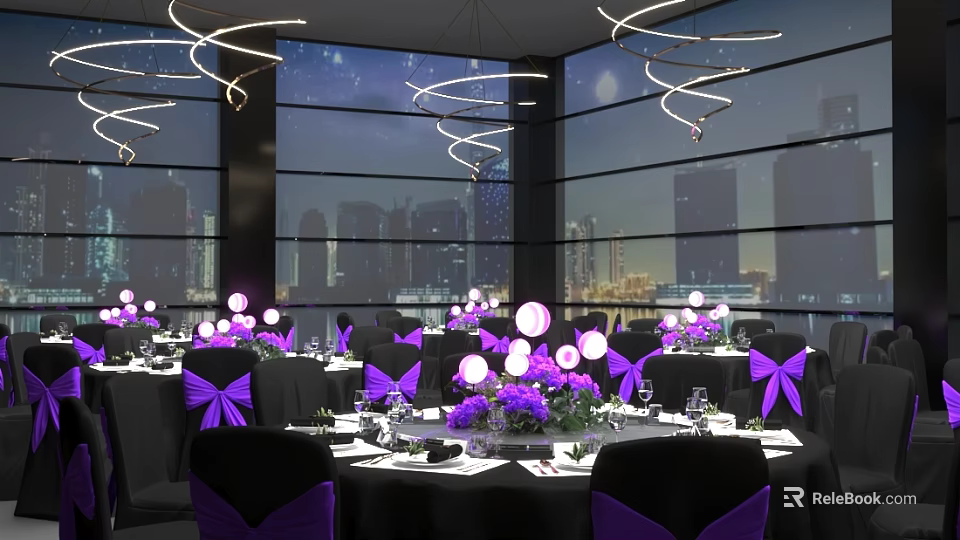 Restaurant Interior Design With Spiral Chandeliers City Night View Windows And Purple Decorations 3d model 