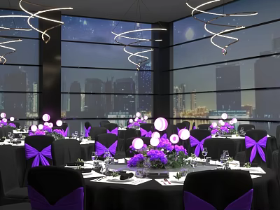 Restaurant Interior Design With Spiral Chandeliers City Night View Windows And Purple Decorations 3d model