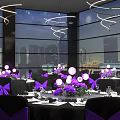 Restaurant Interior Design With Spiral Chandeliers City Night View Windows And Purple Decorations