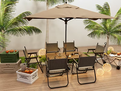 Outdoor Table and Chair Set with Umbrella on Wooden Deck and Palm Trees 3d model
