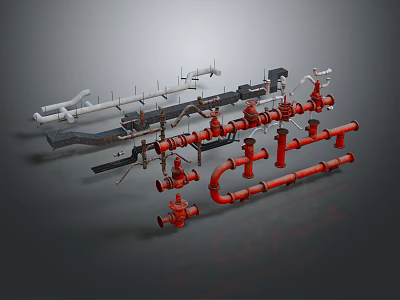 Various Industrial Pipes With Valves And Fittings In Red White And Black Colors For Mechanical Systems 3d model