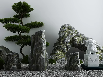 Decorative Garden Ornament With Rock Formations Pine Tree And Stone Lion On Gravel Ground 3d model