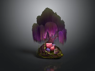 Enchanted Tree Structure With Purple Hanging Vines Colorful Stones And Mossy Base 3d model