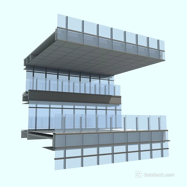 Modern Building Facade With Glass Curtain Wall And Multi Layer Structure 3d model 