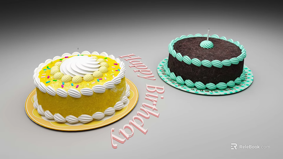 Two Birthday Cakes Yellow White Cream Sprinkles Dark Brown Light Green Cream Candles Happy Birthday 3d model 