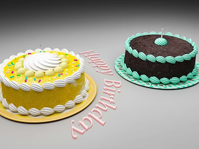 Two Birthday Cakes Yellow White Cream Sprinkles Dark Brown Light Green Cream Candles Happy Birthday 3d model