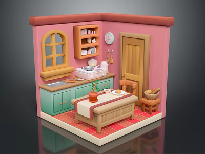 Cozy Kitchen Interior With Pink Walls Green Cabinets Arched Window And Red Tile Floor 3d model