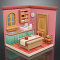 Cozy Kitchen Interior With Pink Walls Green Cabinets Arched Window And Red Tile Floor