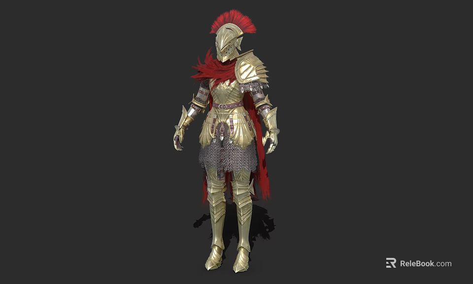 Warrior Game Movie Character In Golden Armor With Red Cape And Detailed Helmet 3d model 