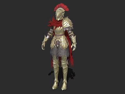 Warrior Game Movie Character In Golden Armor With Red Cape And Detailed Helmet 3d model