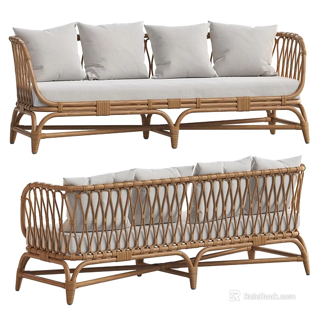 Durable Woven Rattan Outdoor Sofa with Soft Cushions and Modern Design 3d model 
