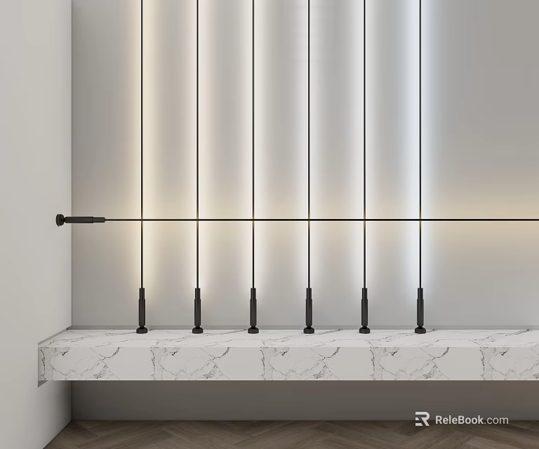 Modern Interior Design With Vertical Light Strips Horizontal Bar And Marble Countertop 3d model