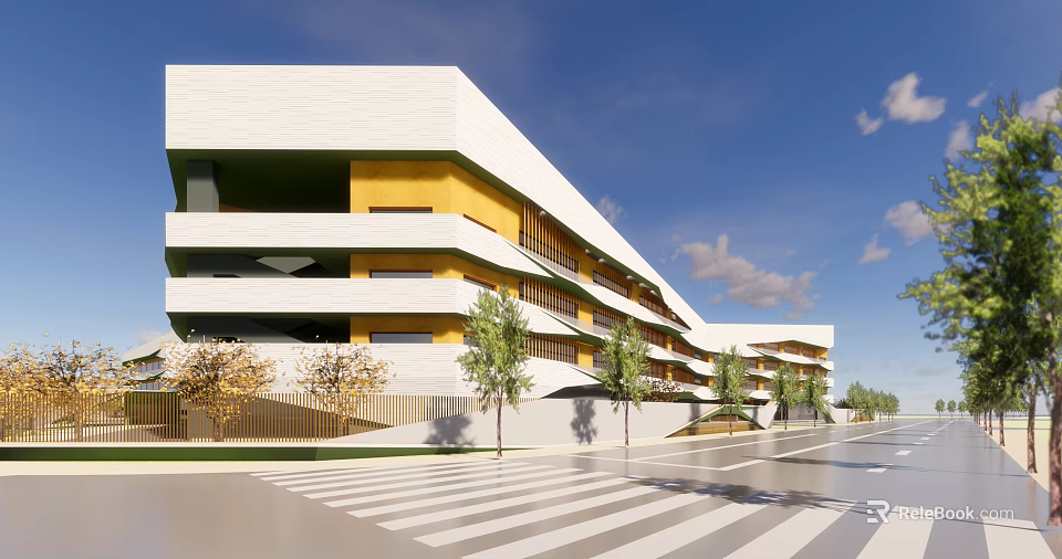 Modern Multi Storey School Building With White Yellow Facade Trees And Pedestrian Crossing Road 3d model 
