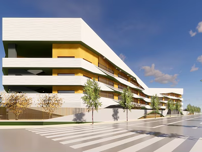 Modern Multi Storey School Building With White Yellow Facade Trees And Pedestrian Crossing Road 3d model