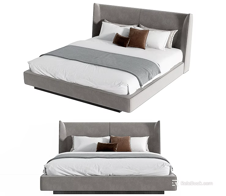 Elegant Modern Upholstered Double Bed With White Bedding And Brown Pillows 3d model