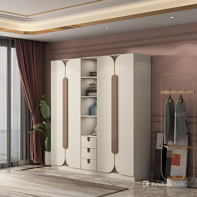 Modern White Wardrobe Interior Design With Arched Doors Open Shelves And Drawers 3d model 