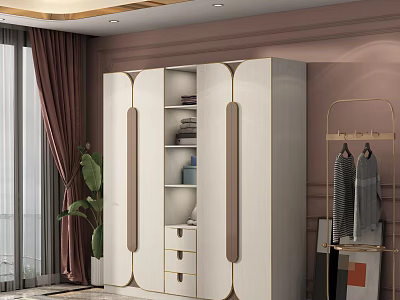 Modern White Wardrobe Interior Design With Arched Doors Open Shelves And Drawers 3d model