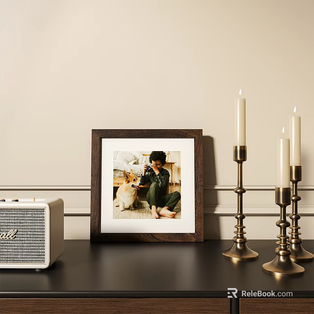 Wooden Photo Frame Displaying Person And Cat Picture With Brass Candle Holders And Radio 3d model 