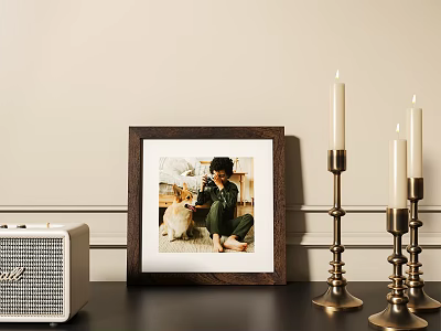 Wooden Photo Frame Displaying Person And Cat Picture With Brass Candle Holders And Radio 3d model